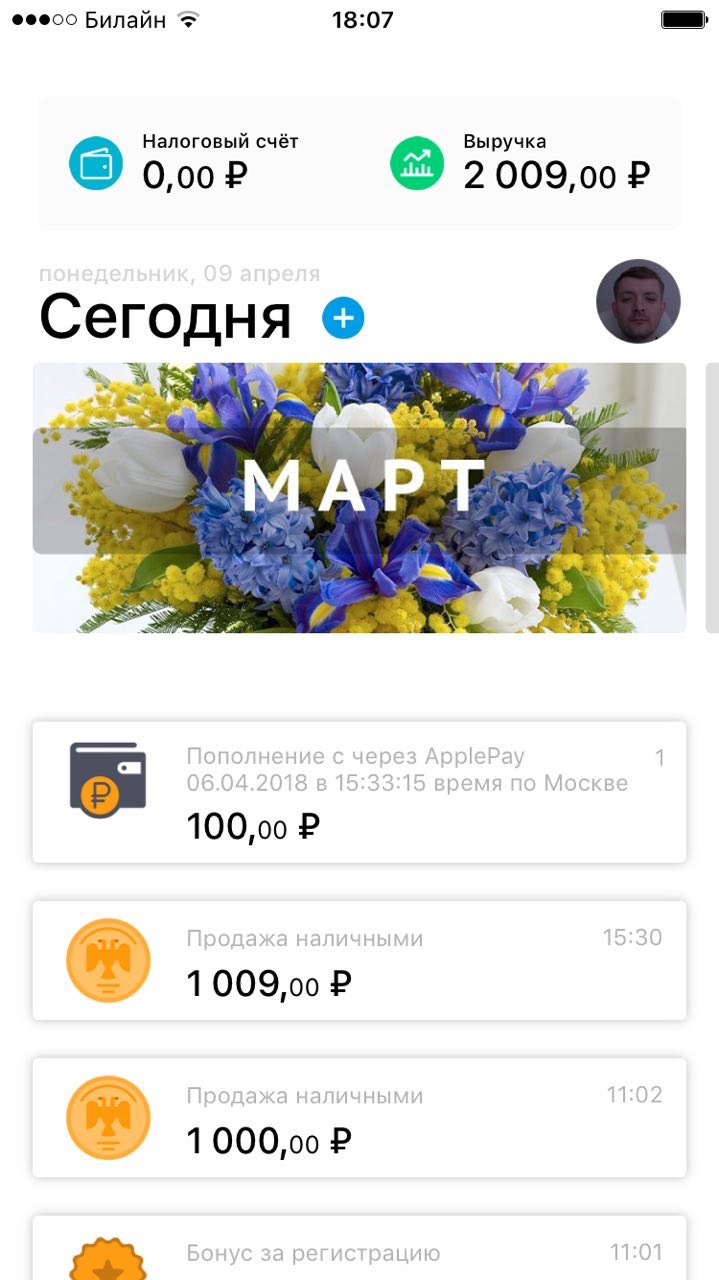 phone: Main screen — tax account, revenue, transaction history