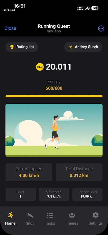 phone: Home screen with animated runner and stats