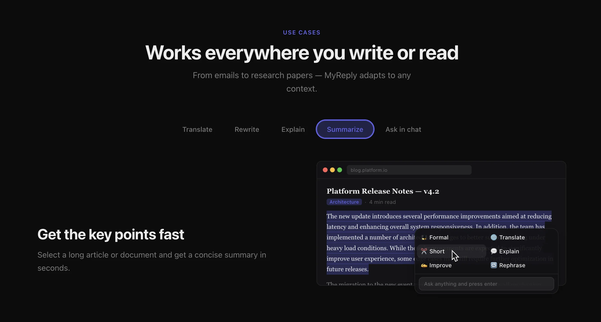 MyReply — AI for any selected text on macOS