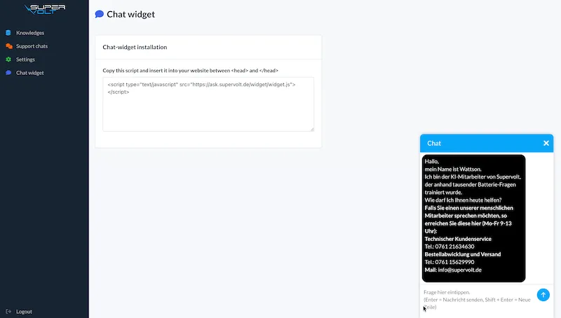 Chat widget installation page with embed code